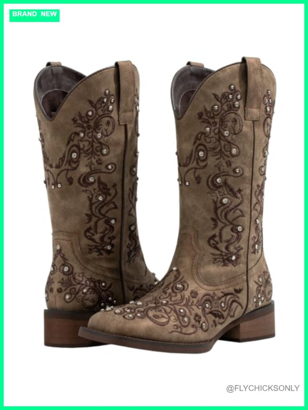 Women Cowboy Boots Faux Leather Square Toe Mid Calf Western Floral Shoes
